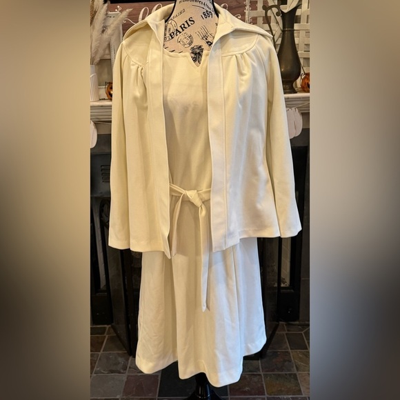 Hand Sewn Vintage 60s 70s 2 Piece Suit Jacket Tie Front Dress Cream Ivory Sz 10 - Picture 1 of 14
